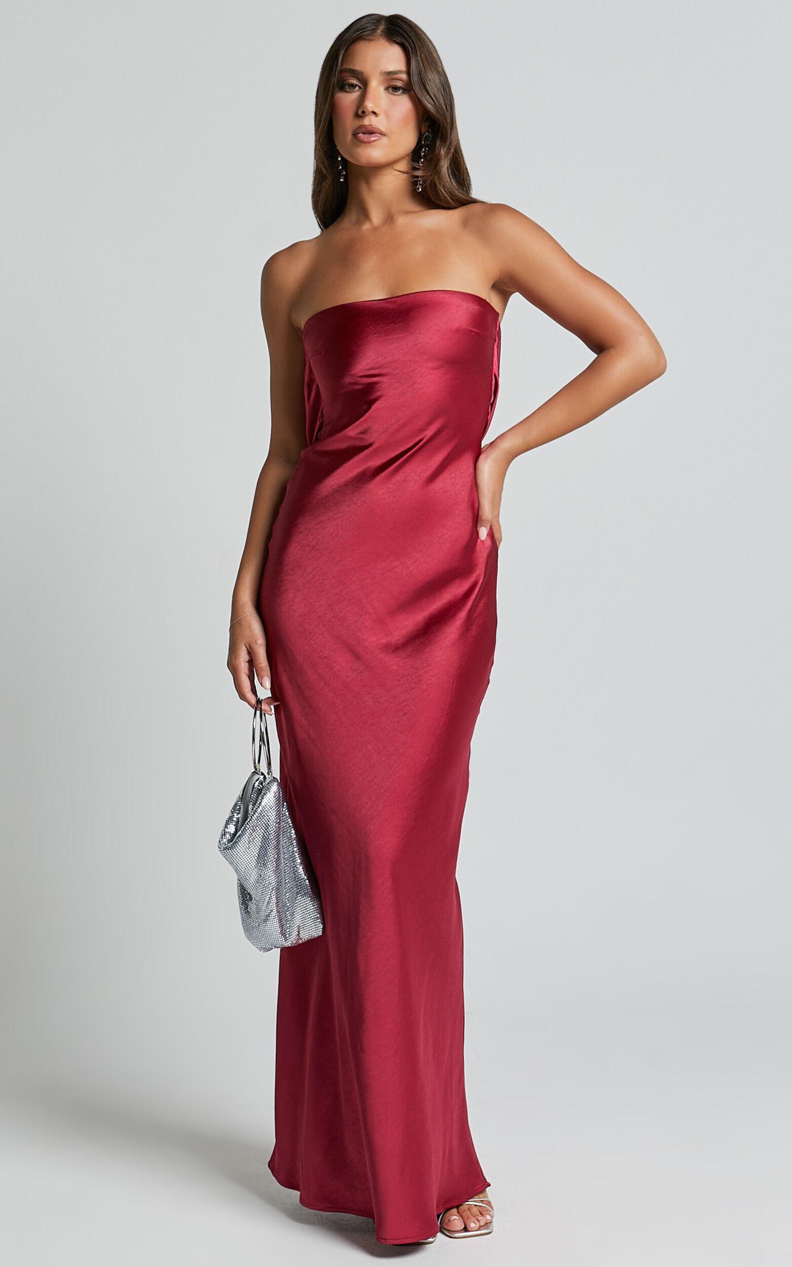 Charlita Maxi Dress - Strapless Cowl Back Satin Dress in Berry Product Image