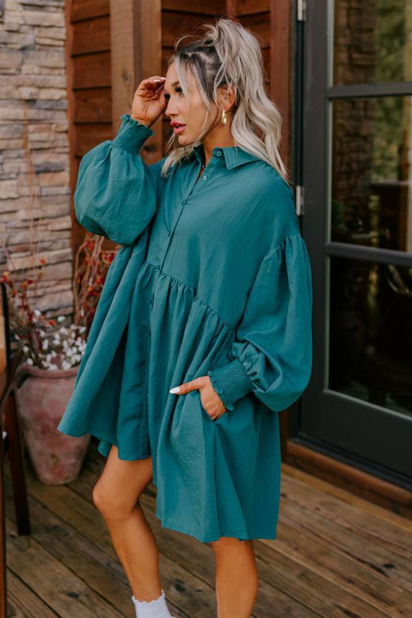 Cafe Patio Button Down Mini Dress in Hunter Green Product Image