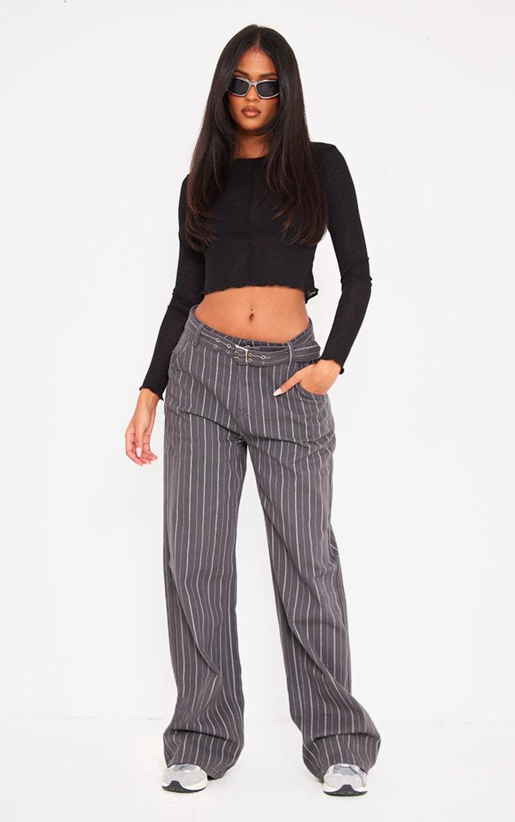 Tall Grey Pinstripe Low Rise Buckle Detail Jeans product image