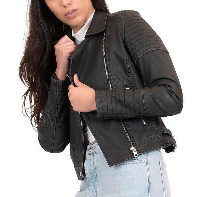 Juniors Coffee Shop Washed Faux Leather Moto Jacket, Womens Silver Product Image