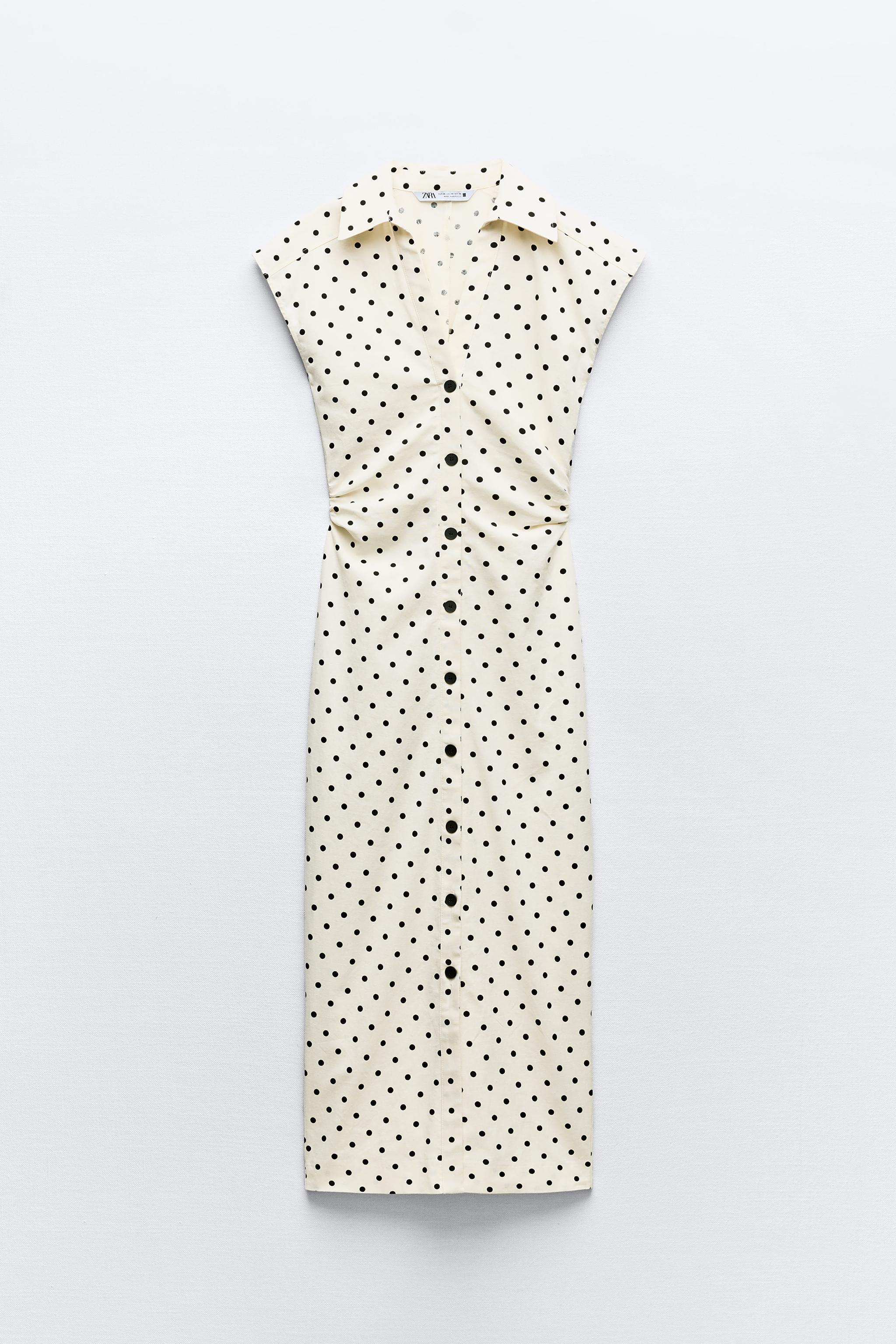 LINEN BLEND POLKA DOT MIDI DRESS Product Image