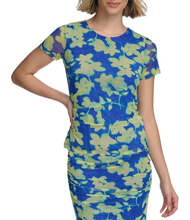 Calvin Klein Floral Printed Crew Neck Short Sleeve Ruched Side Coordinating Top Product Image