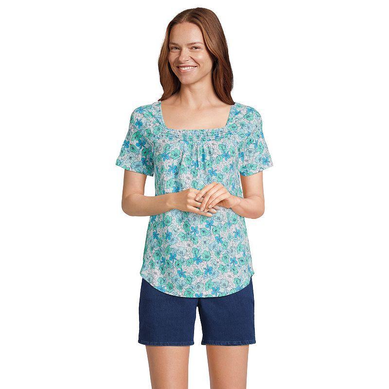 Womens Lands End Smocked Square Neck Tee Blue Small Floral Product Image