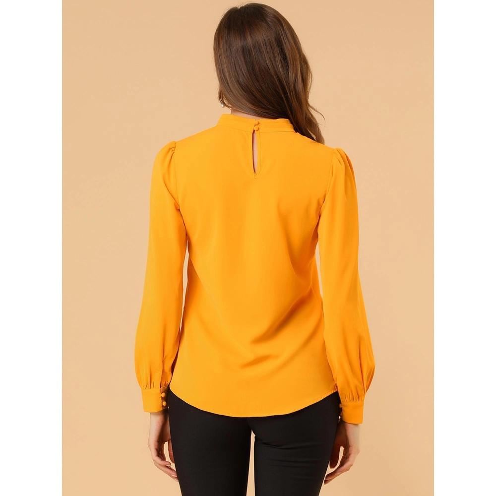 Allegra K Women's Office Keyhole Elegant Stand Collar Long Sleeve  Button Blouse Bright Yellow Medium Product Image