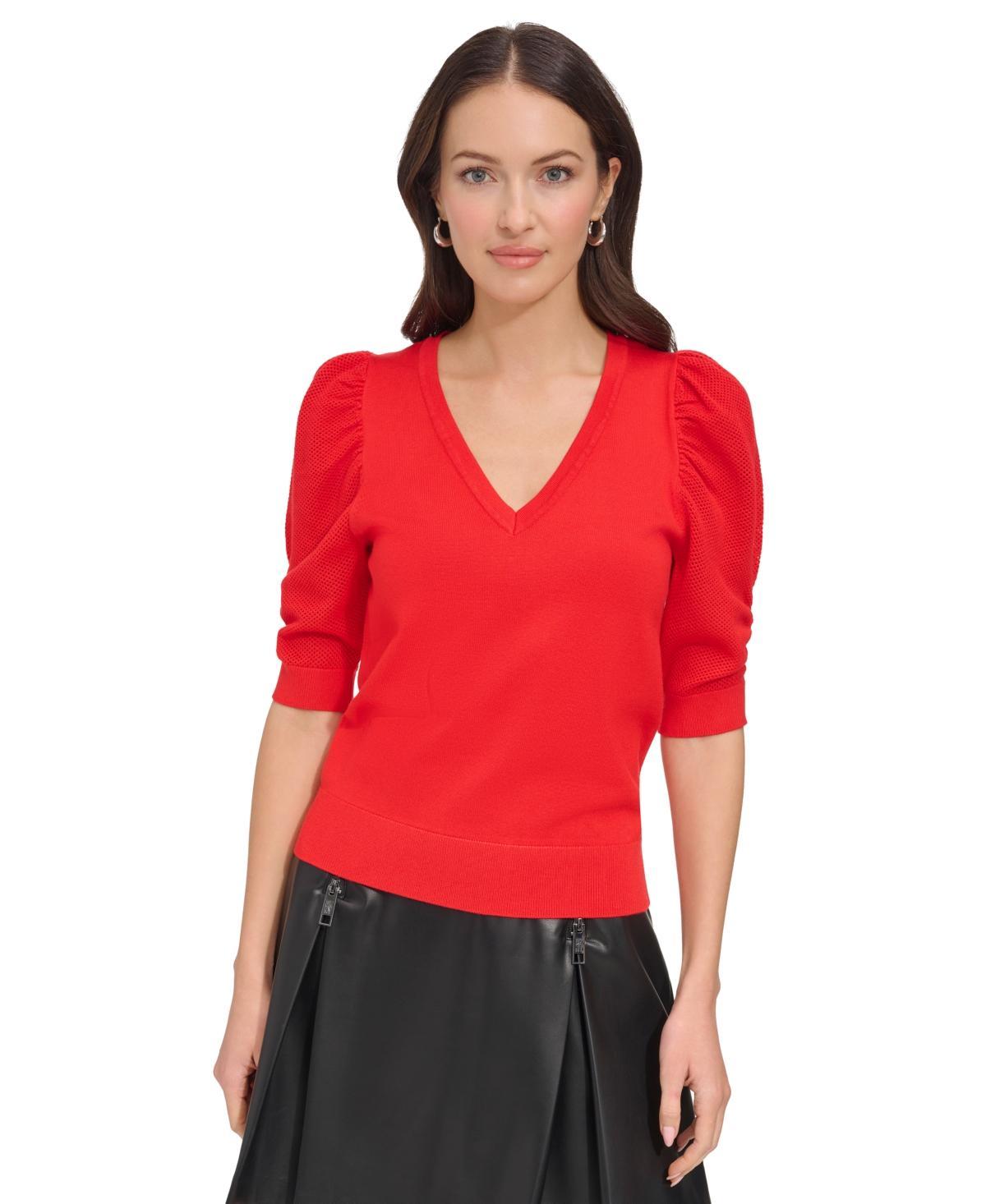 Dkny Womens Puff-Sleeve V-Neck Sweater Product Image