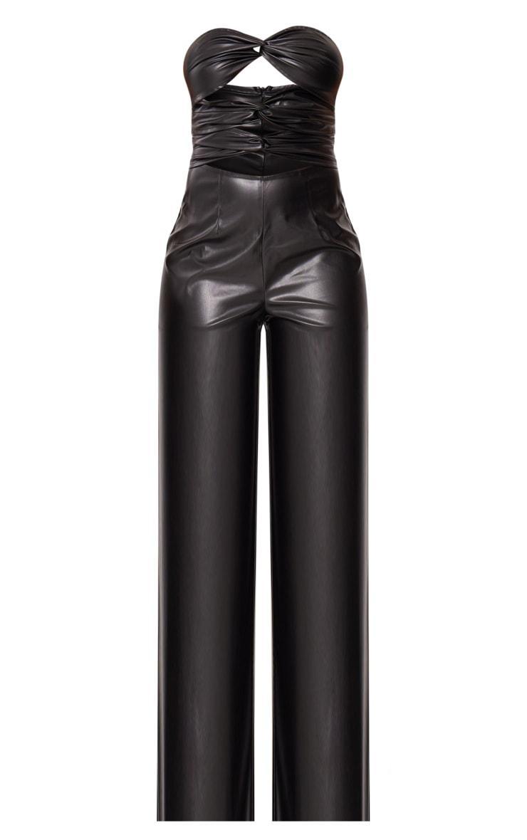 Black Faux Leather Cut Out Twisted Flare Jumpsuit Product Image