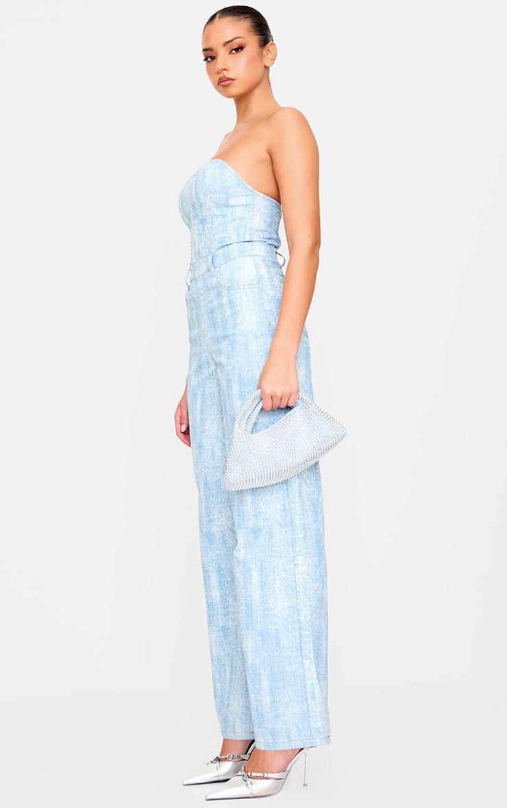 Blue Studded Diamante Denim Bandeau Wide Leg Jumpsuit Product Image