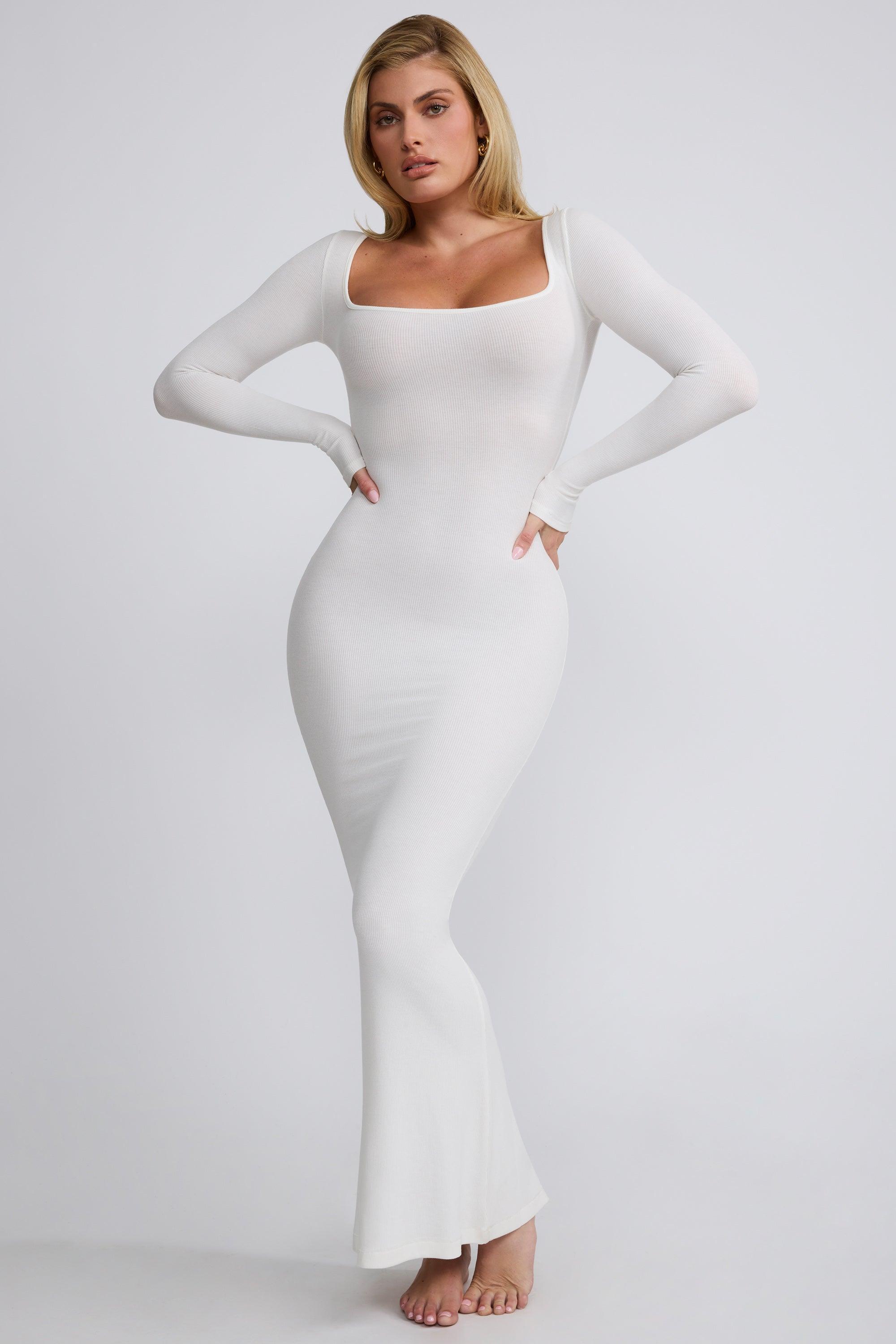 Ribbed Modal Long Sleeve Maxi Dress in White Product Image