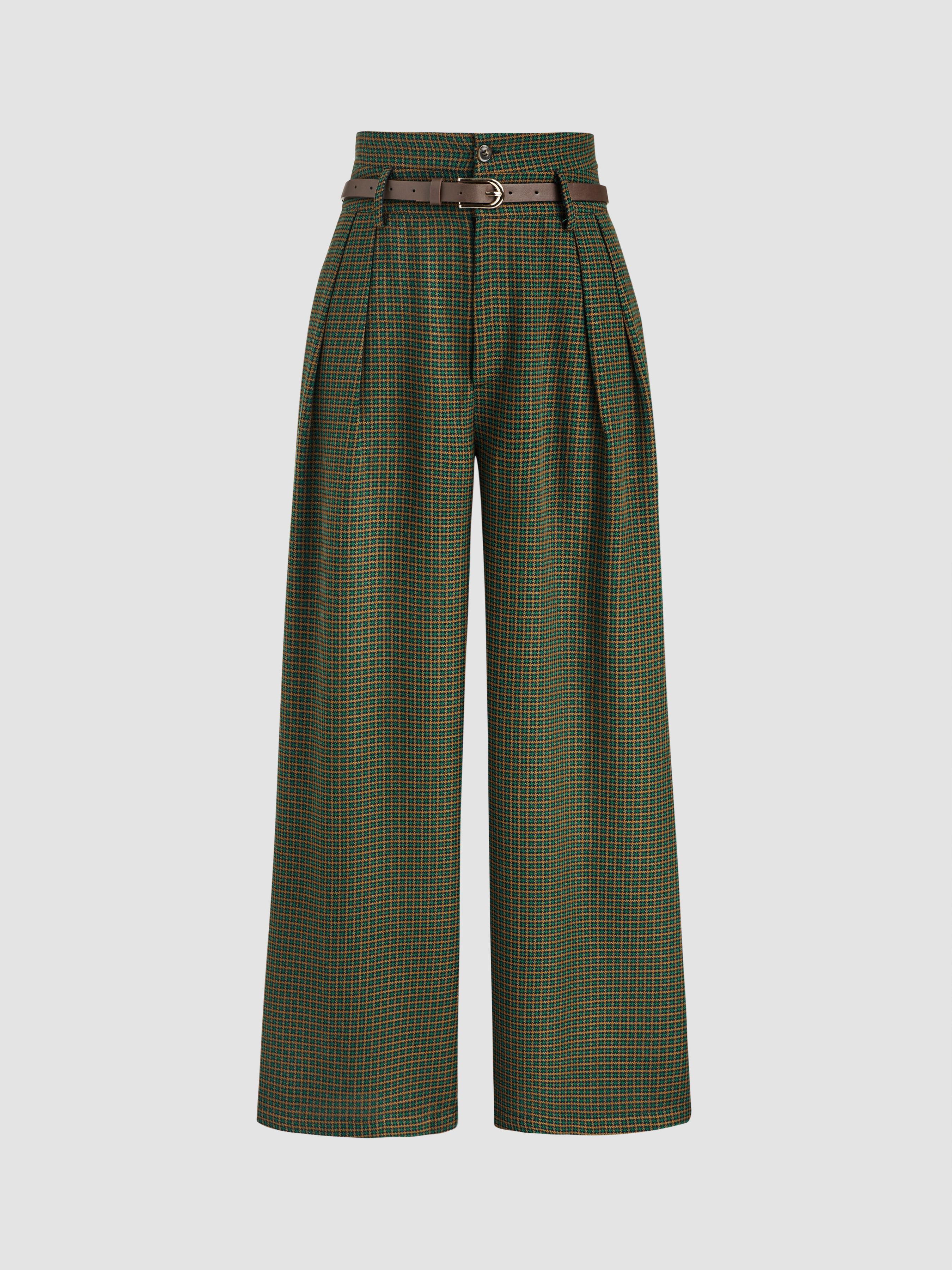 Houndstooth High Waist Belted Wide Leg Trousers Product Image