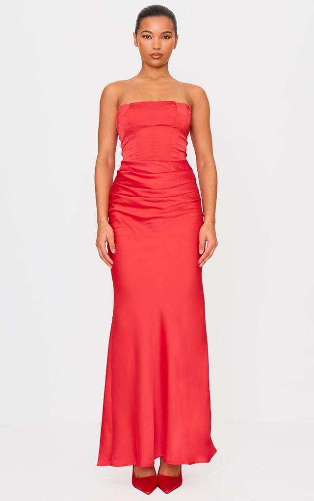 Red Satin Corset Detail Draped Maxi Dress Product Image