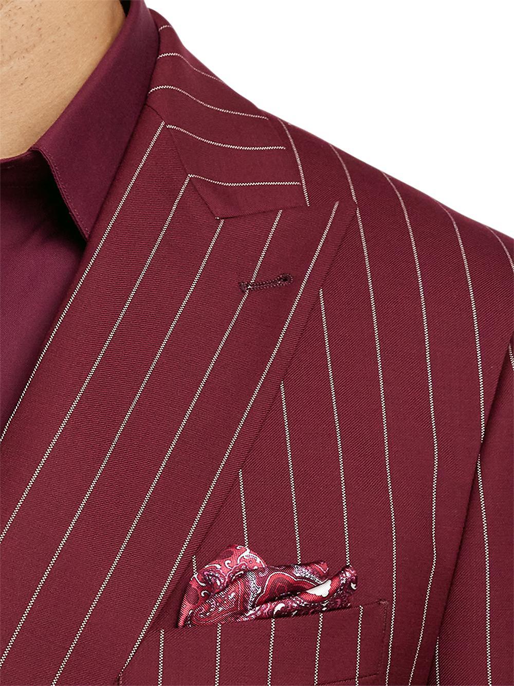 Wool Stretch Stripe Double Breasted Peak Lapel Suit - Burgundy Product Image