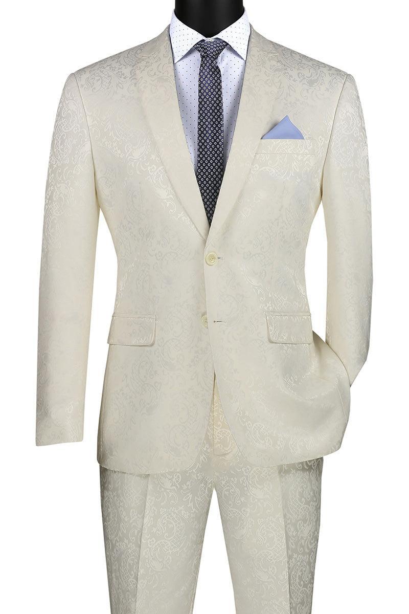 Ivory Tone on Tone Paisley Pattern Slim Fit Men's 2 Piece Suit 2 Button Male Product Image