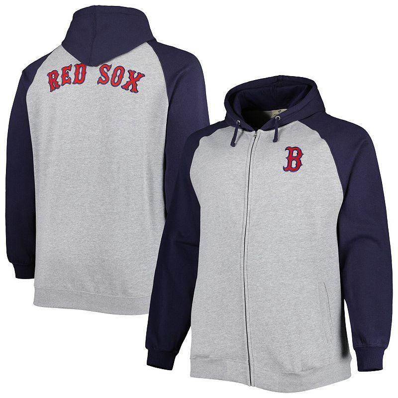 Mens Heather Gray/Navy Boston Red Sox Big & Tall Raglan Hoodie Full-Zip Sweatshirt Product Image