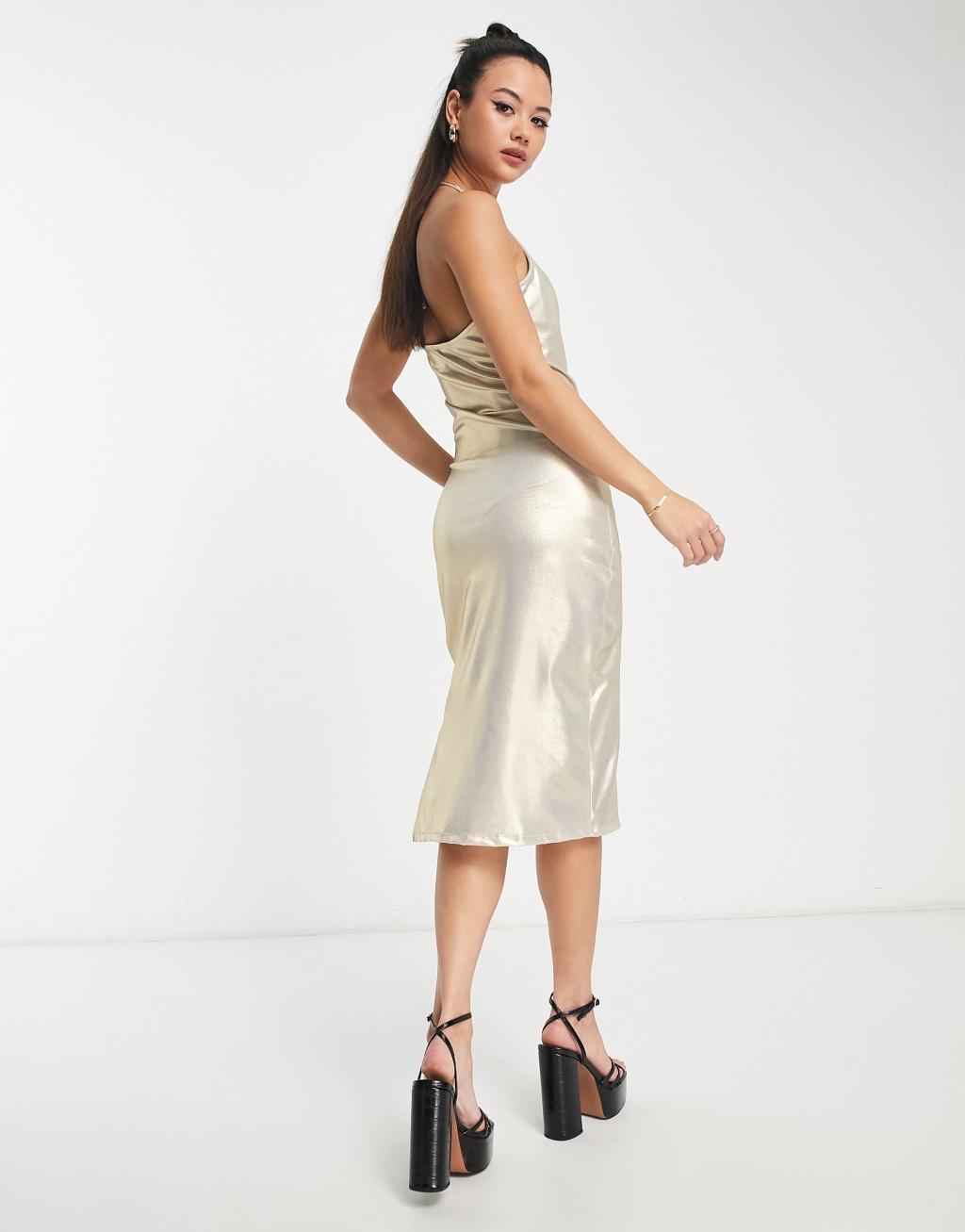 Monki cowl neck halter midi dress in gold metallic Product Image