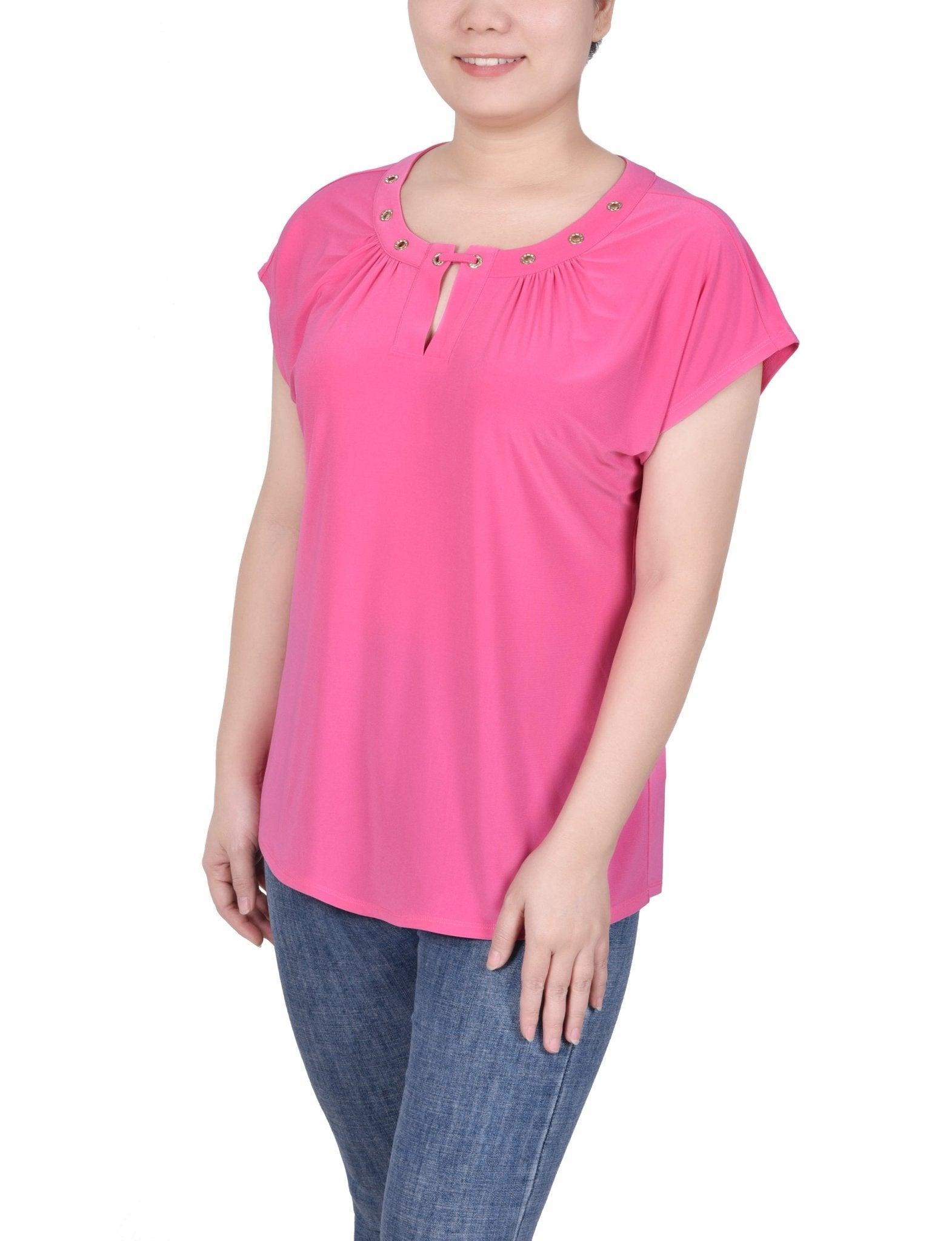 Short Extended-Sleeve Grommet Neck Knit Top - Petite Product Image