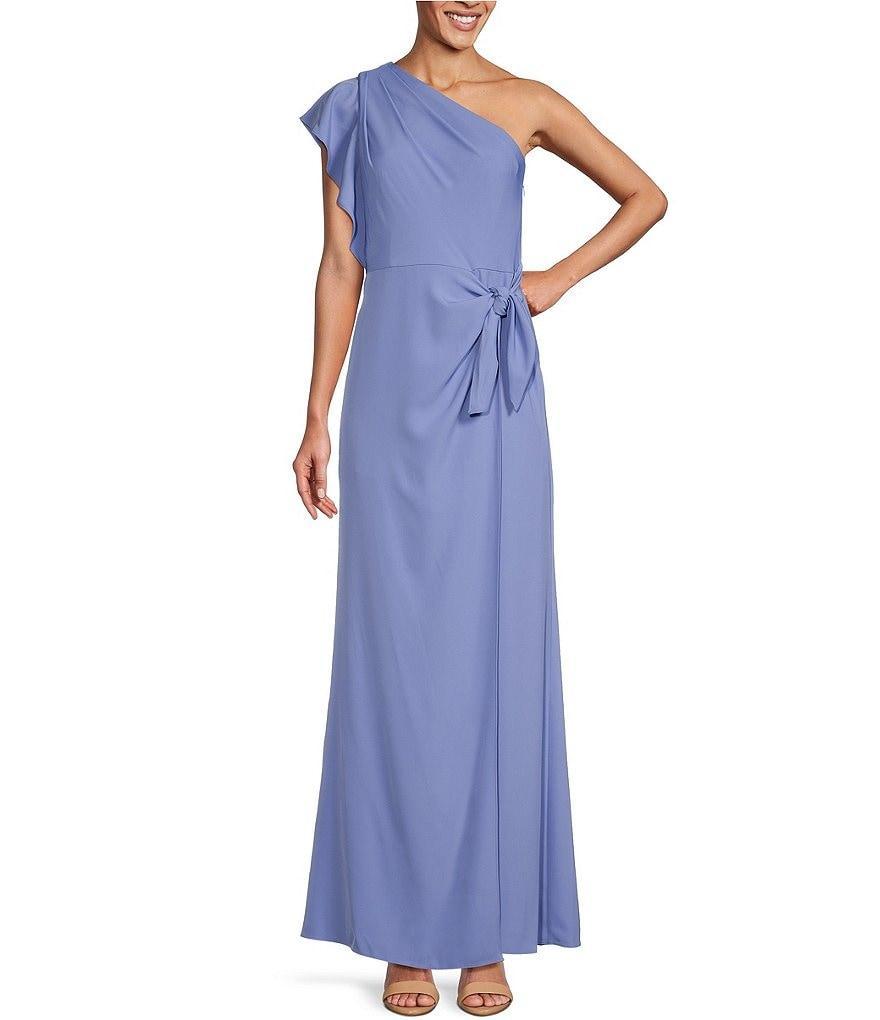 Adrianna Papell Twill One Shoulder Flutter Short Sleeve Faux Wrap Dress Product Image