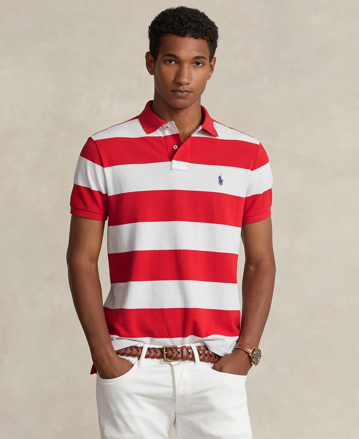 Polo Ralph Lauren Mens Classic-Fit Striped Mesh Polo Shirt - Post Red /White Product Image