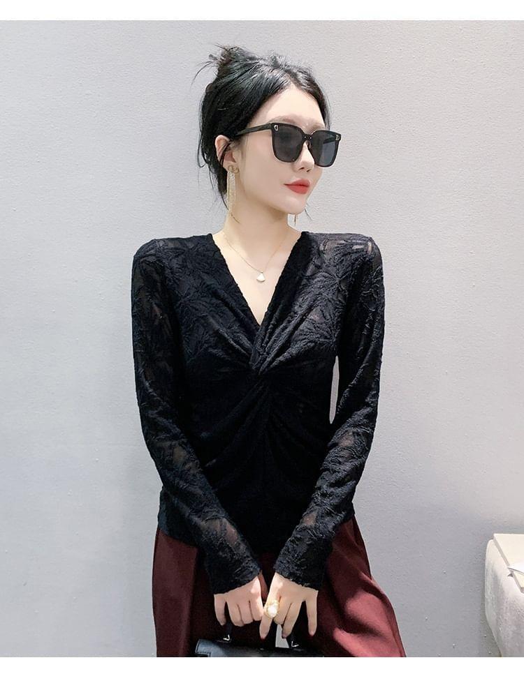 Long-Sleeve V-Neck Knotted Lace Top Product Image