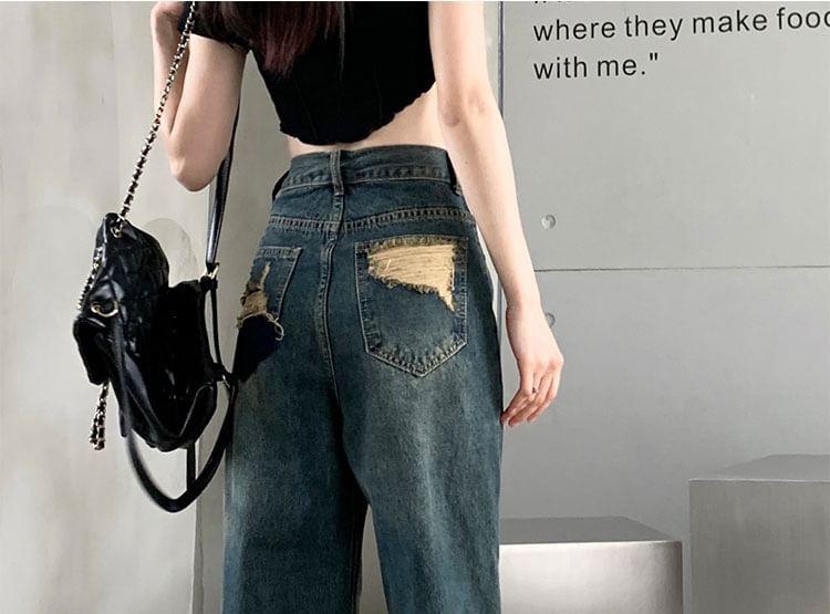 High Waist Washed Distressed Straight-Fit Wide-Leg Jeans Product Image