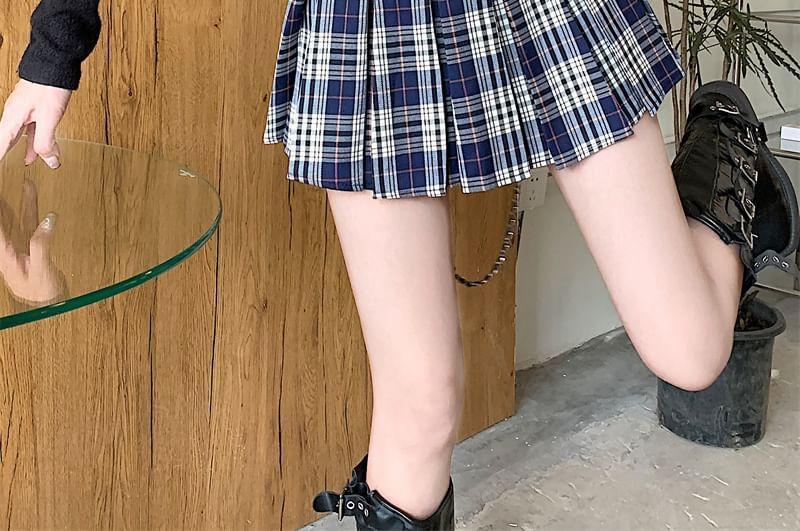 High Waist Plaid Pleated Mini A-Line Skirt Product Image