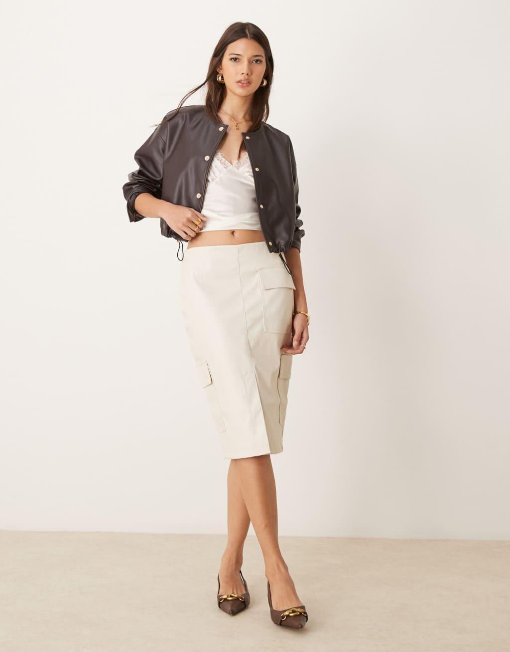 ASOS DESIGN leather look pocketed midi skirt in cream Product Image