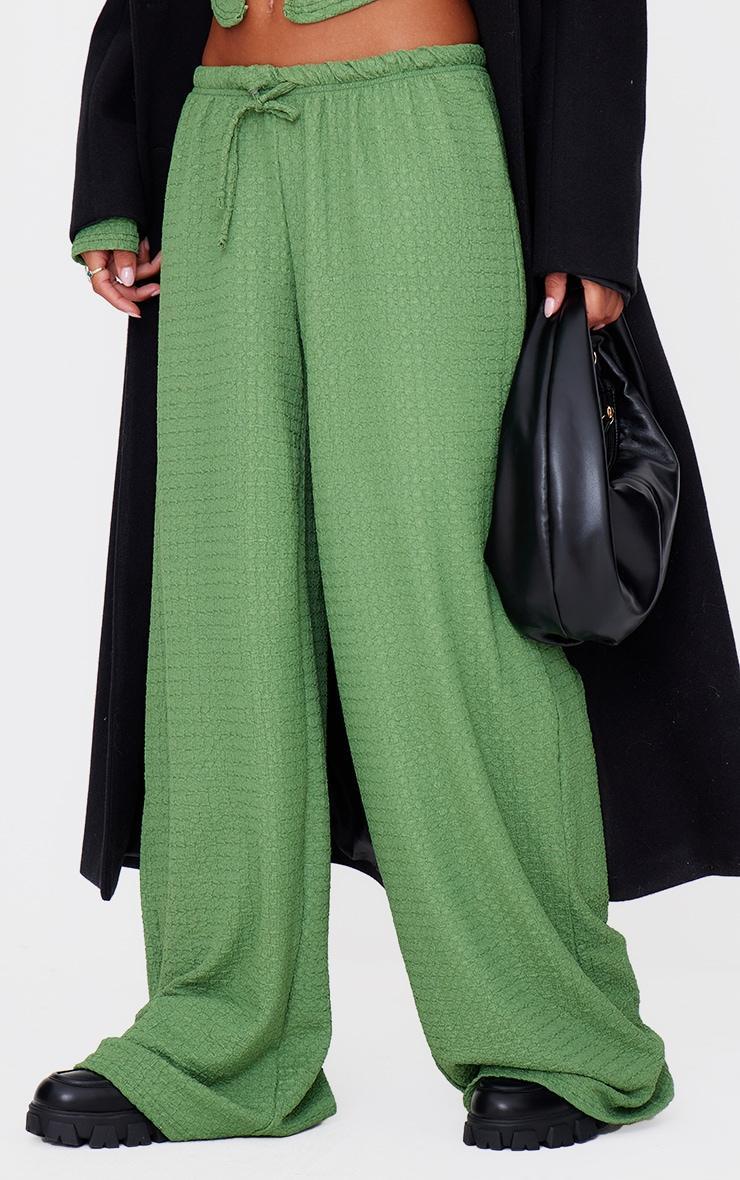 Khaki Textured Low Rise Wide Leg Pants Product Image