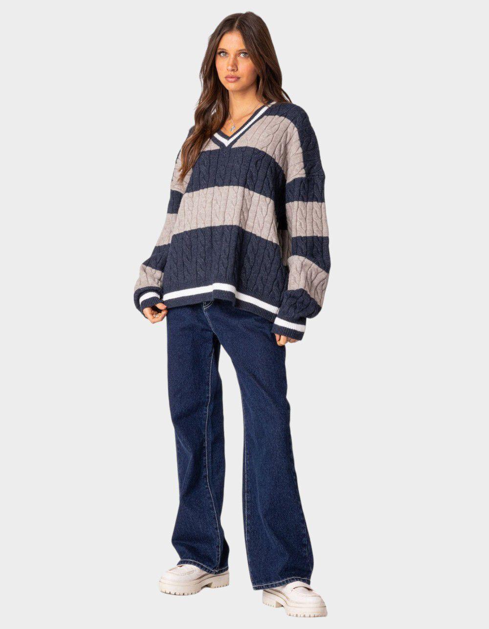 EDIKTED Romie V-Neck Cable Knit Striped Sweater Product Image