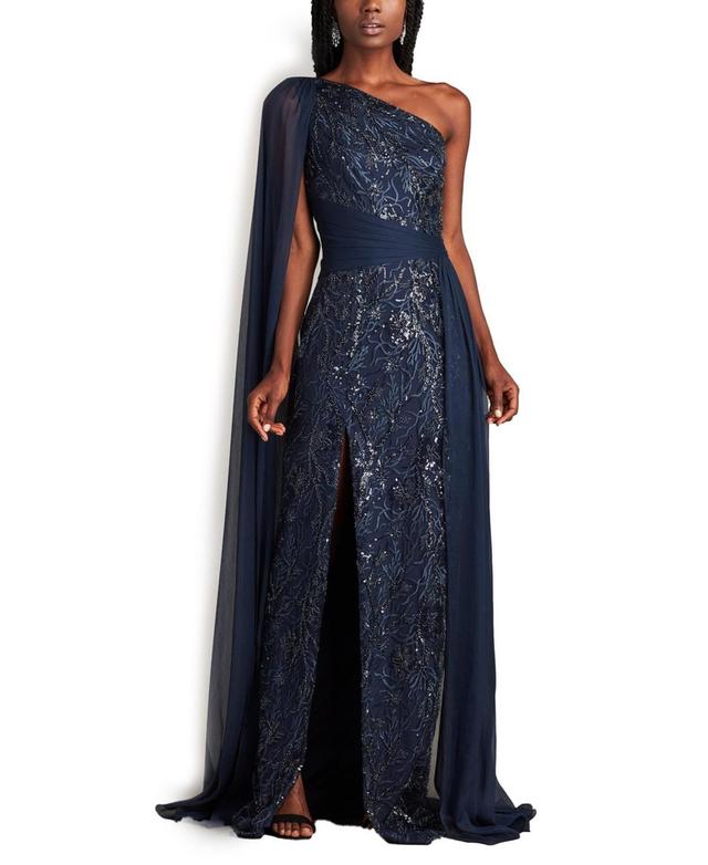 Tadashi Shoji Womens Ada Beaded One Shoulder Cape Sleeve Gown Product Image