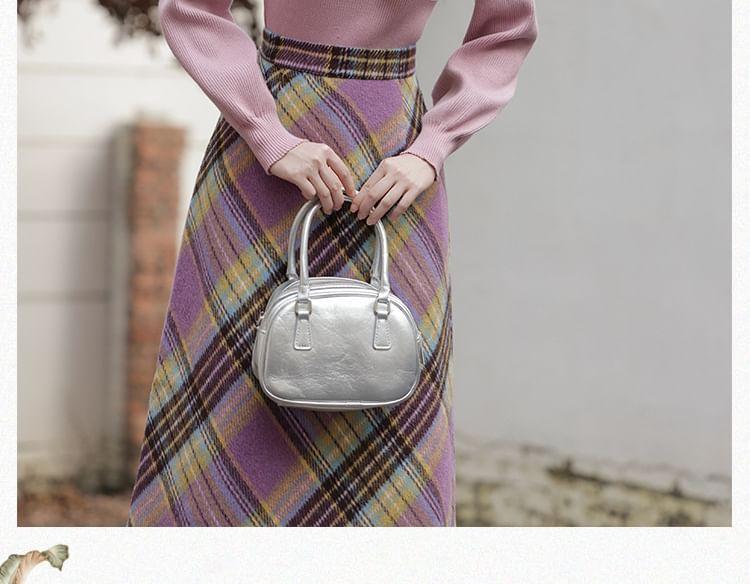 Set: Ribbon Neck Plain Sweater + High Waist Plaid Maxi A-Line Skirt Product Image