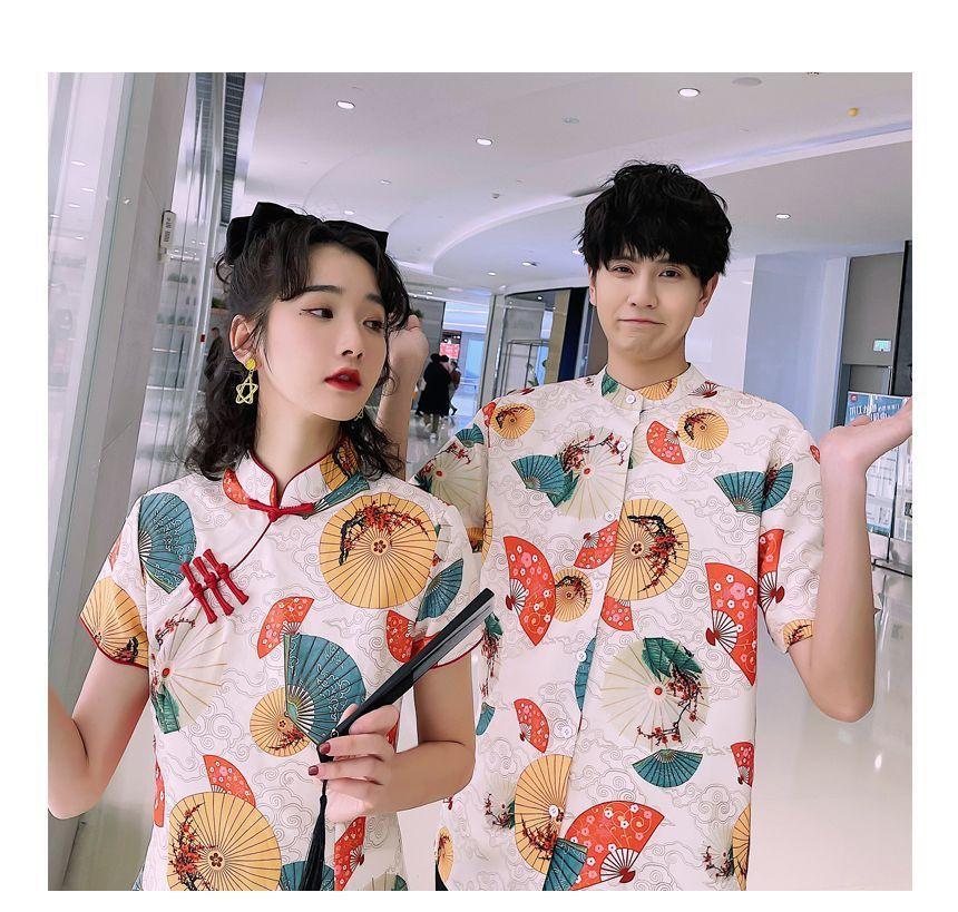 Couple Matching Short-Sleeve Fan Print Mini Qipao / Shirt / Plain Straight Leg Pants / Set Product Image