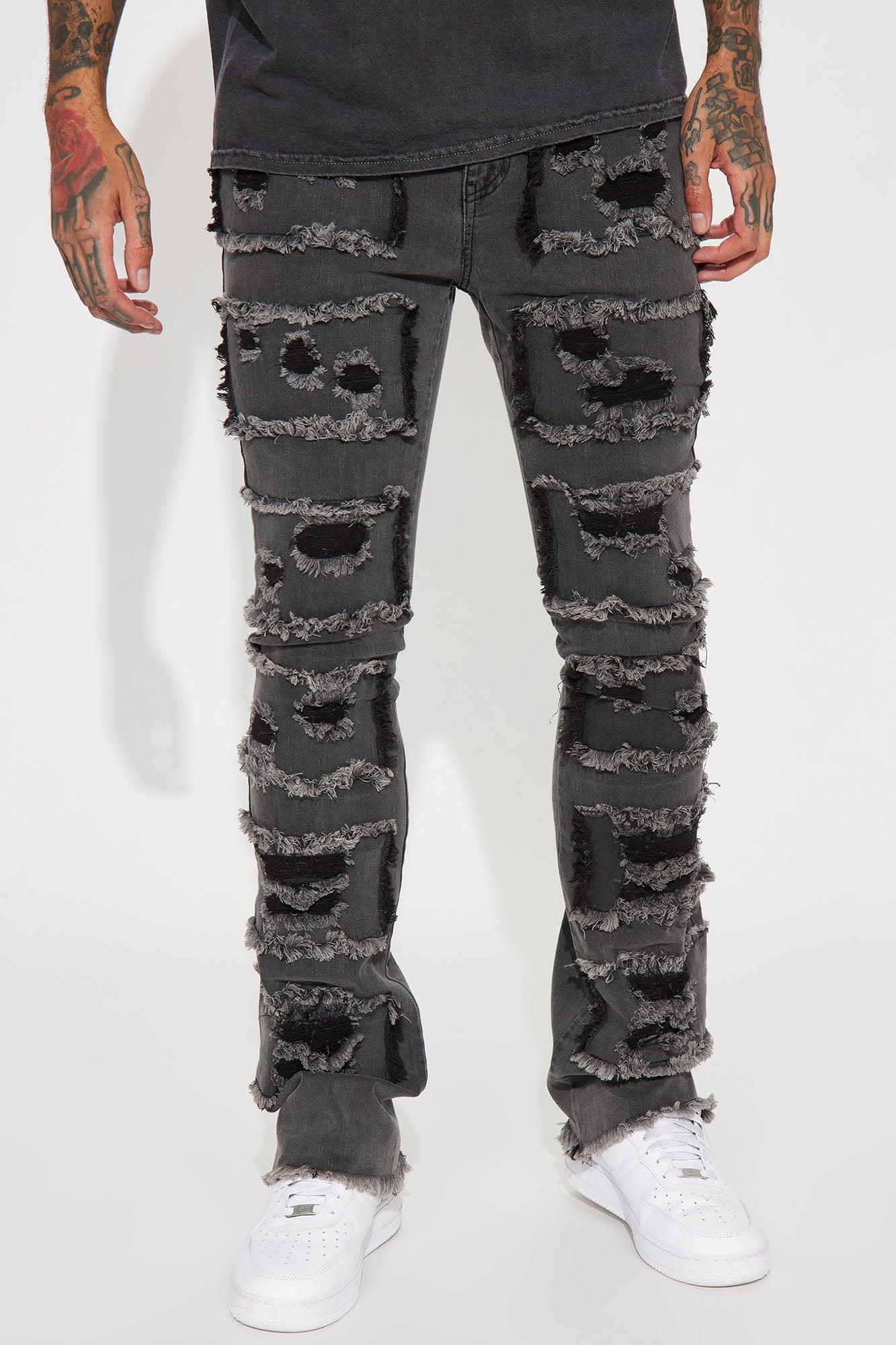 Shredded Stacked Skinny Flared Jeans - Grey Product Image