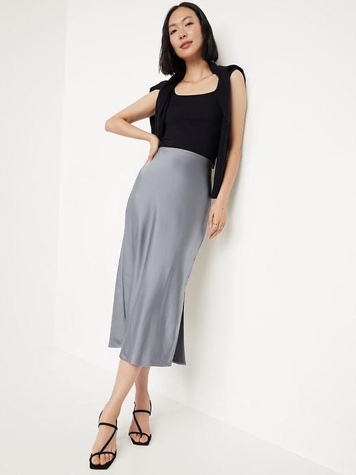 High-Waisted Satin Midi Slip Skirt Product Image