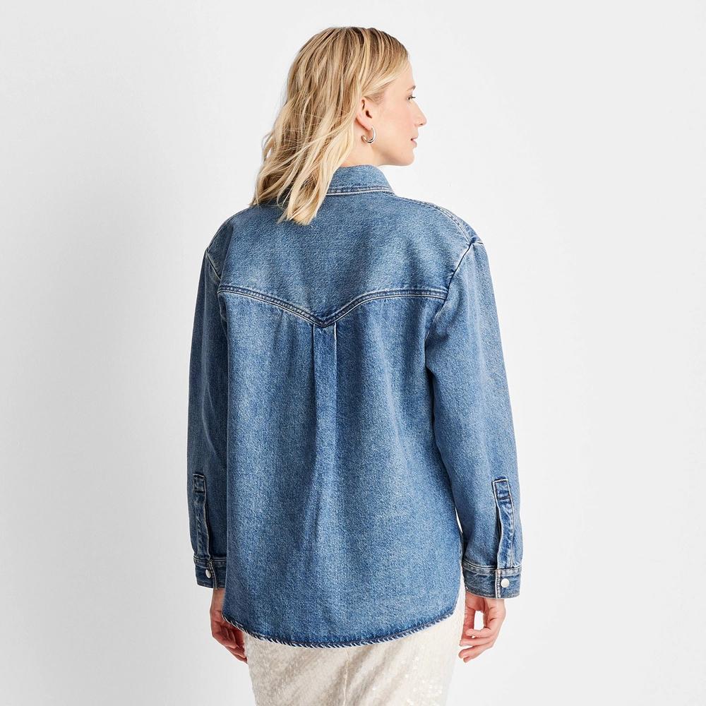 Women's Long Sleeve Collared Western Denim Button-Down Shirt - Future Collective Medium Wash XS Product Image