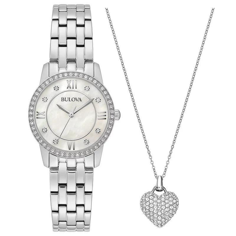 Bulova Womens Stainless Steel Crystal Accent Watch & Heart Pendant Necklace Set 96X157 Silver Product Image