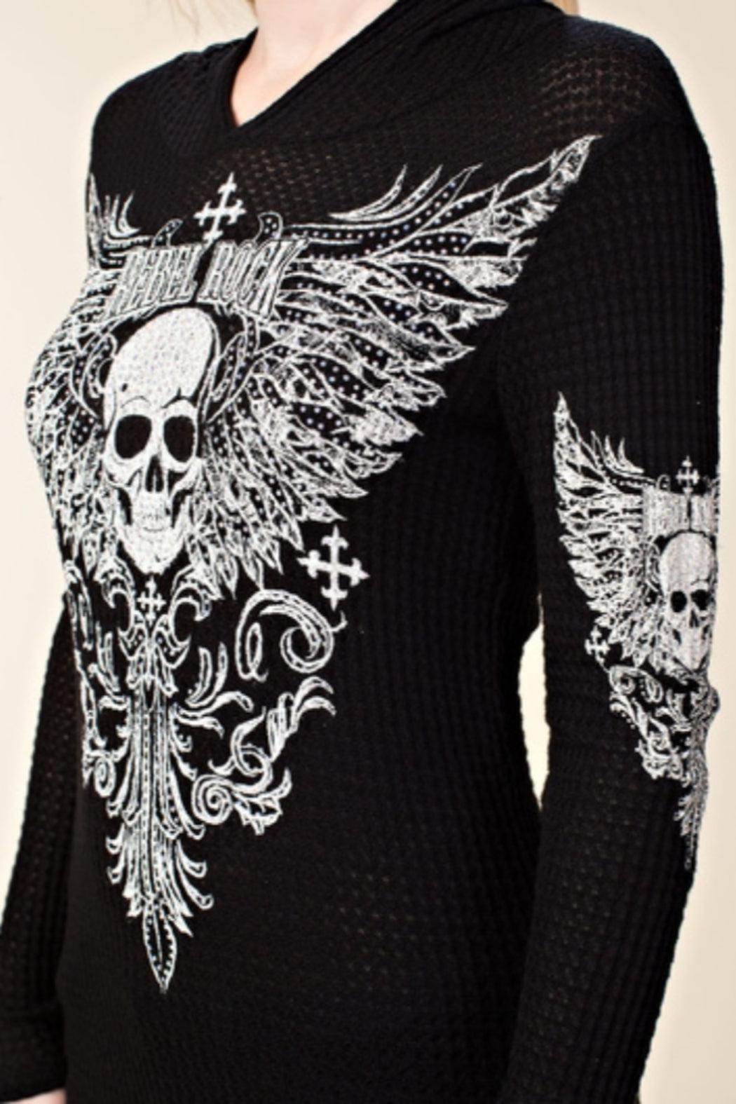 Long Sleeve Hoodie with Skull & Wings Design Female Product Image