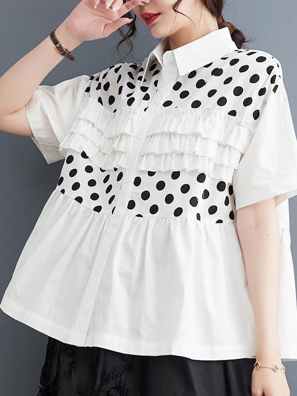 Loose Short Sleeves Contrast Color Pleated Polka-Dot Split-Joint Lapel Blouses Product Image