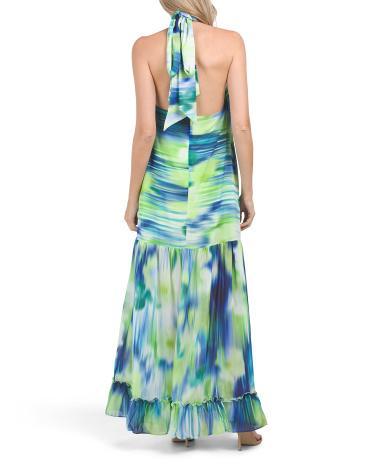 Ikat Halter Gown With Tiered Hemline for Women Product Image