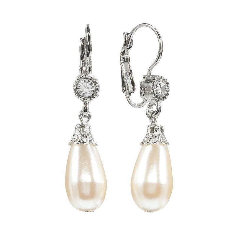 1928 Silver Tone Crystal & Simulated Pearl Drop Earrings, Womens, Grey Product Image