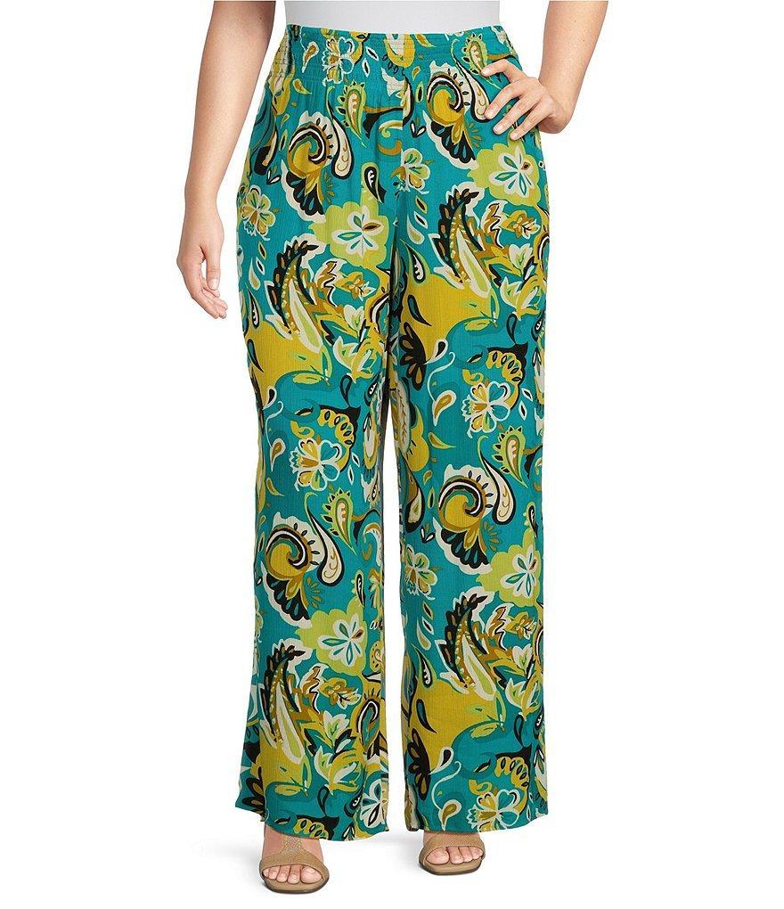 Multiples Plus Size Woven Paisley Multi Print Pull-On Wide-Leg Crepon Pants Product Image