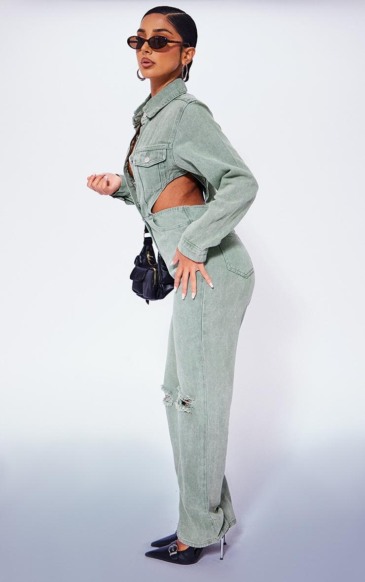 Petite Washed Green Denim Cut Out Jumpsuit Product Image