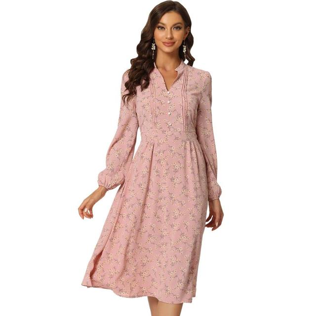 Allegra K Women's Floral Print Long Sleeve Back Tie Flowy Midi Boho Dress Pink Small Product Image