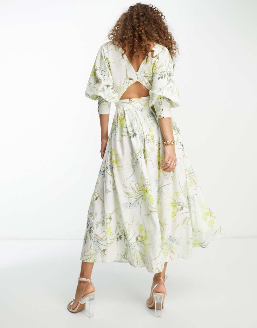 ASOS EDITION wrap front linen midi dress in botanical floral print Product Image