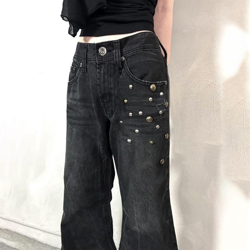 Low Rise Washed Studded Flared Jeans Product Image