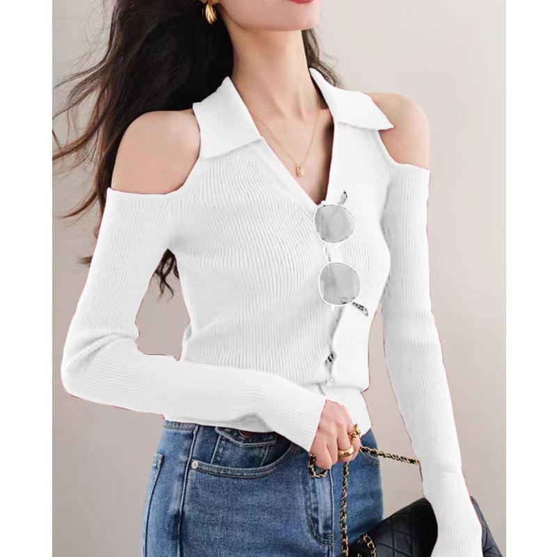 Cold-Shoulder Long Sleeve Plain Ribbed Collared Button-Up Knit Top Product Image