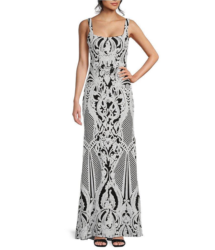 B. Darlin Placement Sequin Sleeveless Square Neck Long Dress Product Image