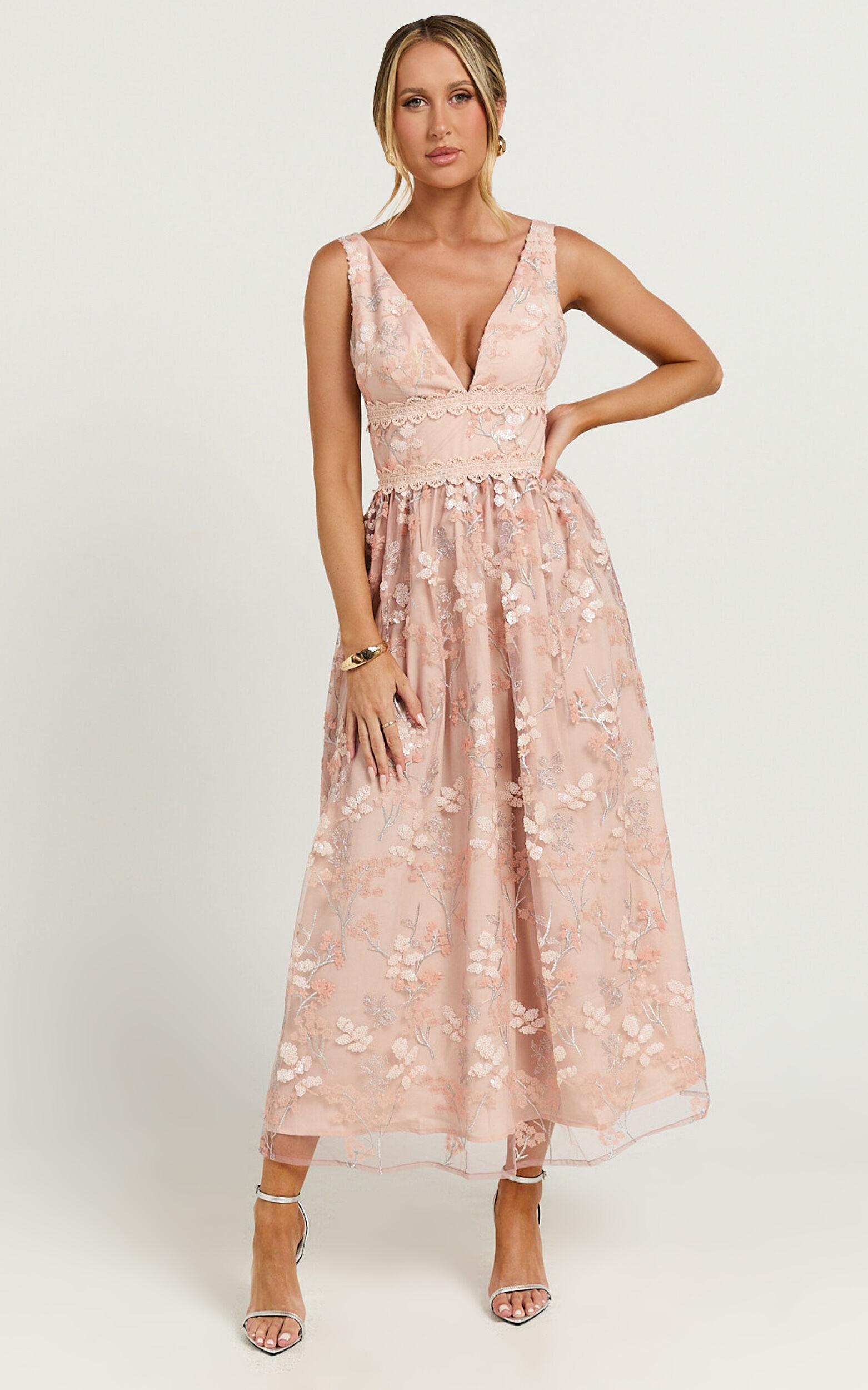 Seychelles Midi Dress - Plunge Embroidery 3d Floral Lace Dress in Light Pink Product Image