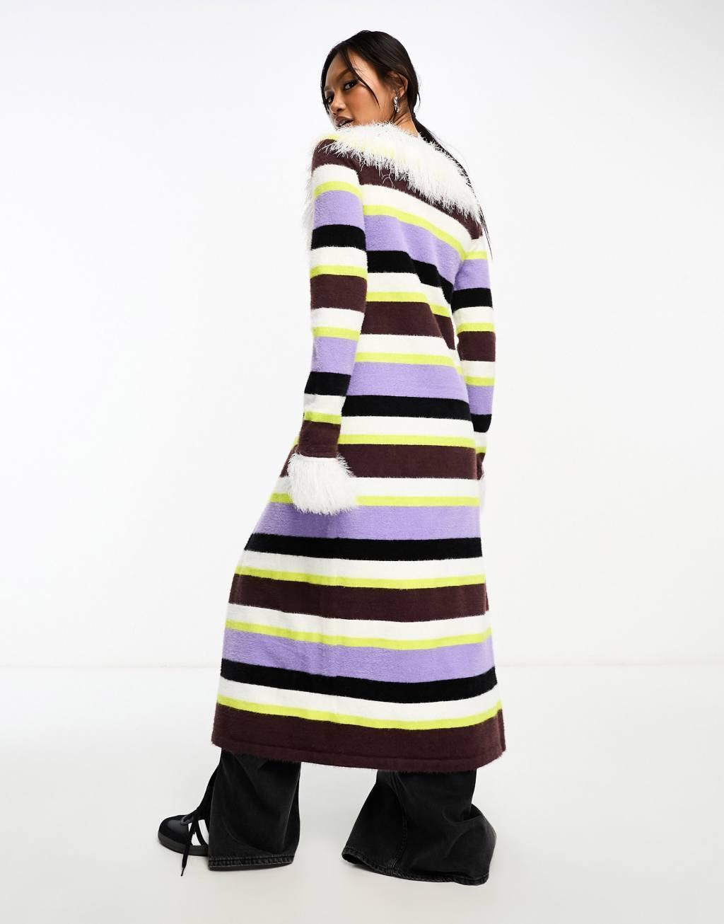 Annorlunda faux fur edged stripe longline cardigan in multi Product Image