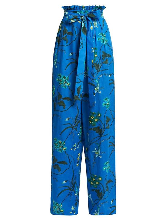 Womens Cotton-Linen Floral Belted Trousers Product Image