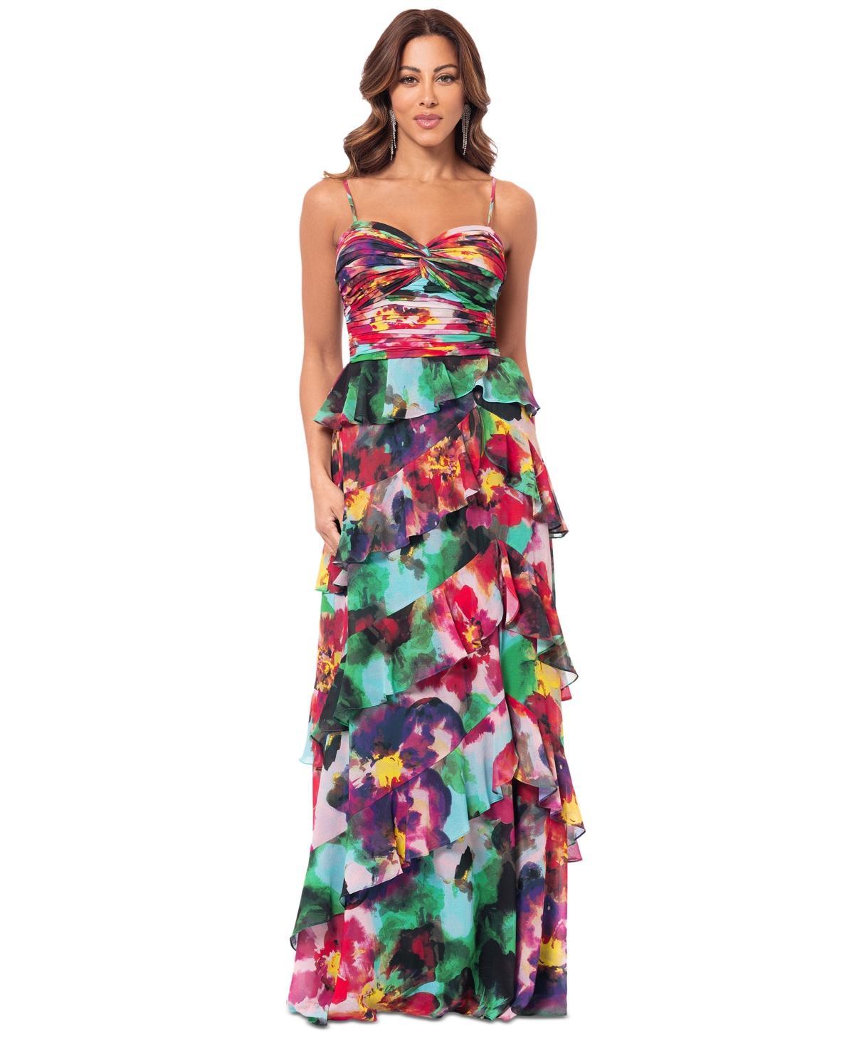 Xscape Womens Printed Tiered Ruffle-Trim Long Dress Product Image