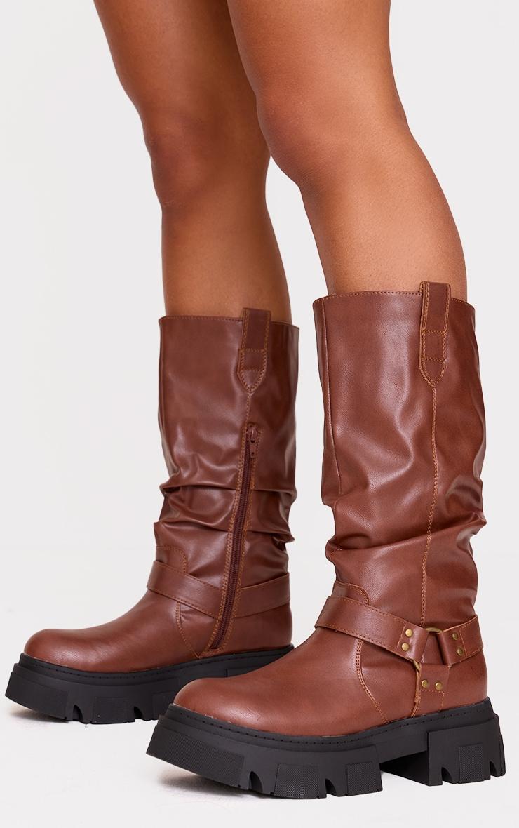 Tan Round Toe Buckle Knee High Chunky Boots product image